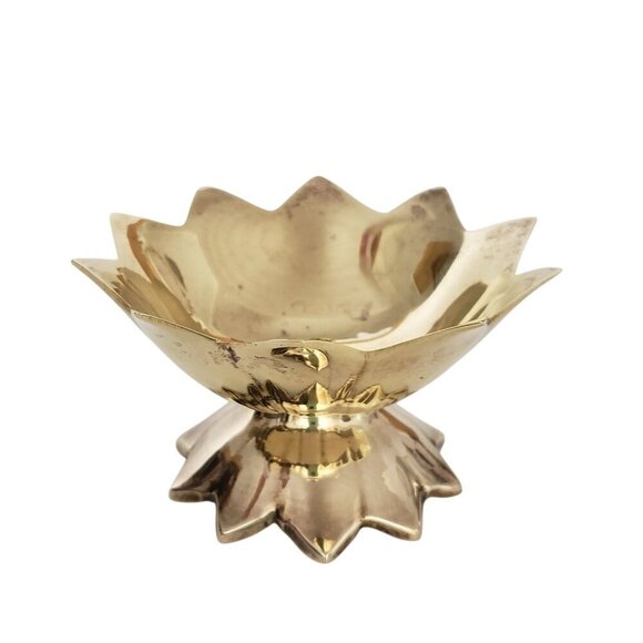 Vtg 1984 Solid Brass Lotus Flower Footed Pedestal Trinket Dish Tea Light Holder - Picture 2 of 7
